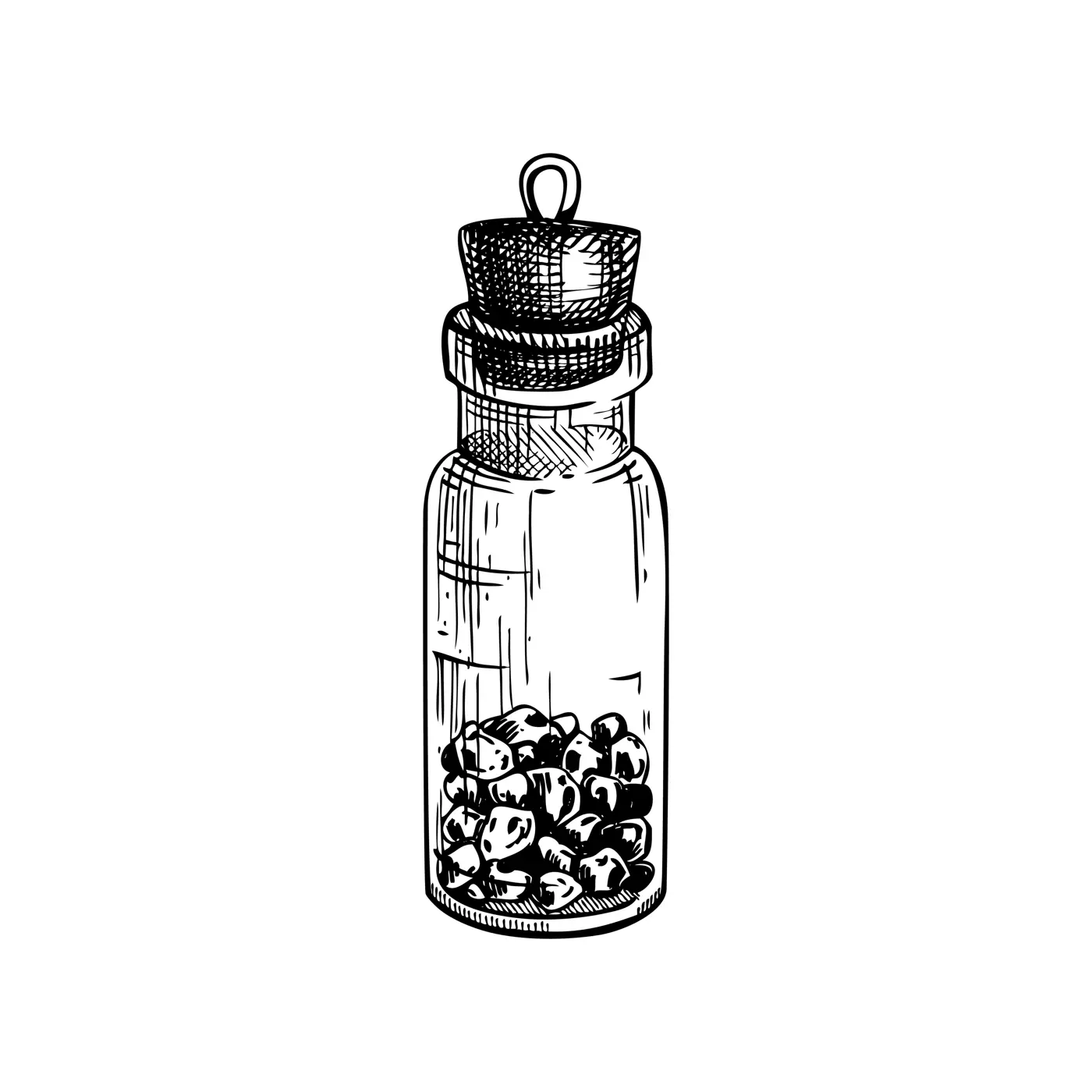 Glass bottle with stones sketch. Witchcraft vector illustration. Vintage Halloween design element. Hand-drawn alchemical icon, esoteric symbols. NOT AI generated Illustration